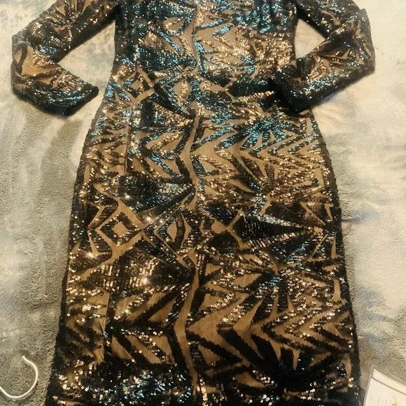 slim fit dress slacks A-Line Long Sleeve Sequin Black Dress XJ1962